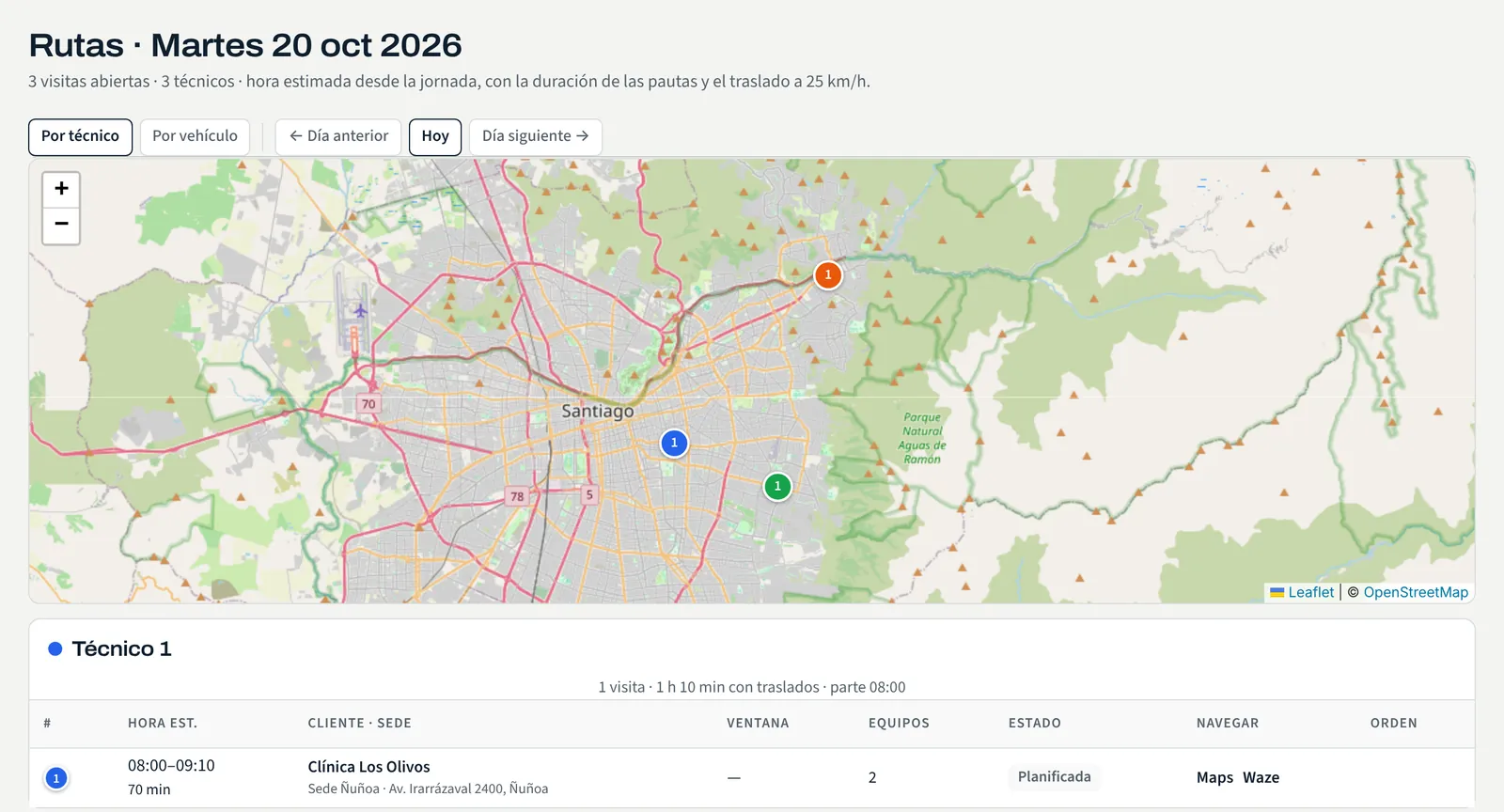 Pantalla Rutas: mapa con las paradas de cada técnico y la ruta de uno, con hora estimada y enlaces a Maps y Waze.